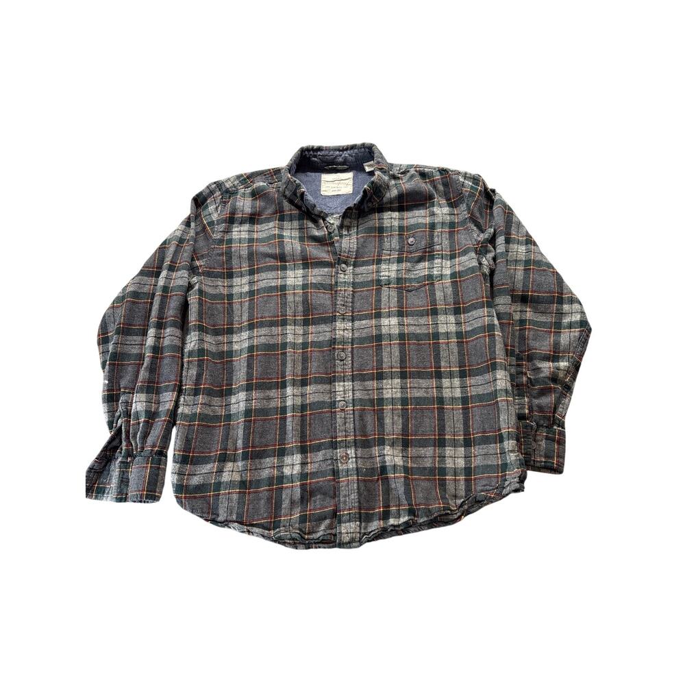 Weatherproof Vintage Men’s Large Plaid Button-Down Shirt Gray Orange Long Sleeve
